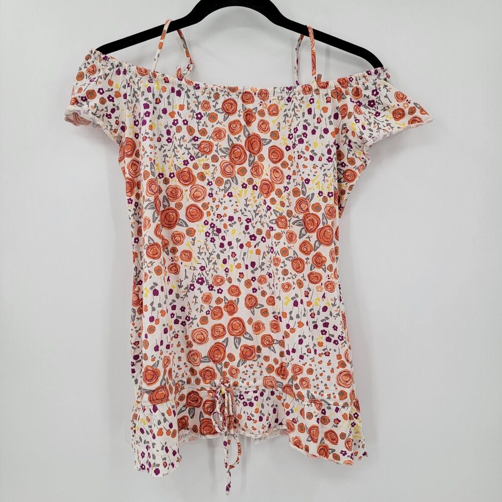 Decree Women's Medium Off Shoulder Spring Blouse Floral Tie Waist Cotton